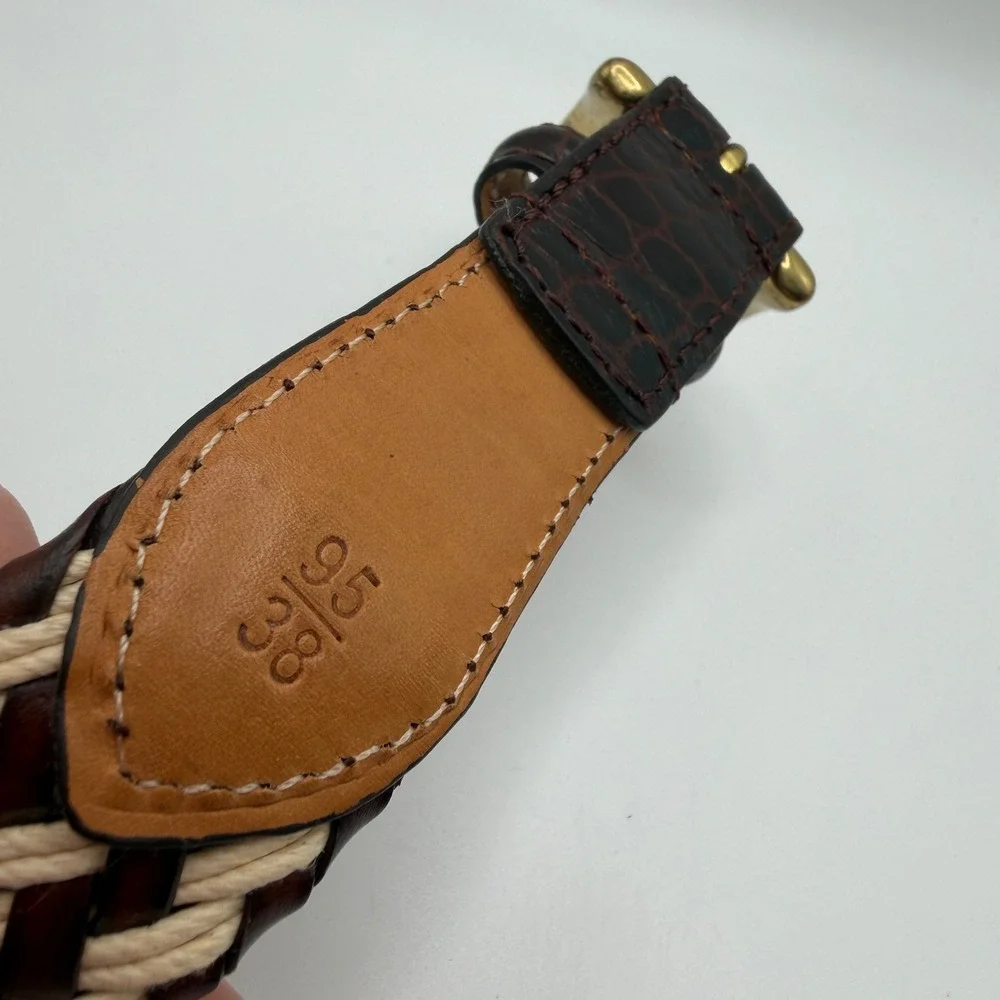 Mens‎ Woven Braided Leather Belt Brown Cream Crocodile Embossed Size 38